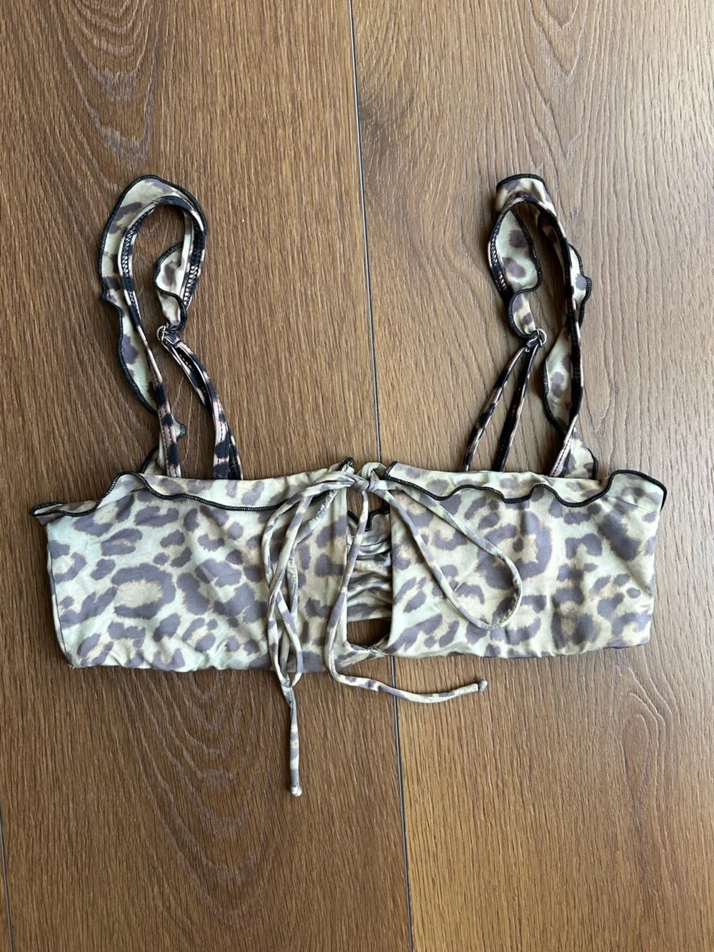 Frankie's Bikinis Leopard Tie-Front Bikini Top in Beige and Brown
